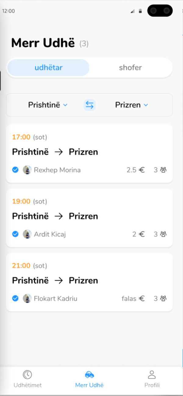 The "Merr Udhë" screen in the app with rides from Prishtinë to Prizren
