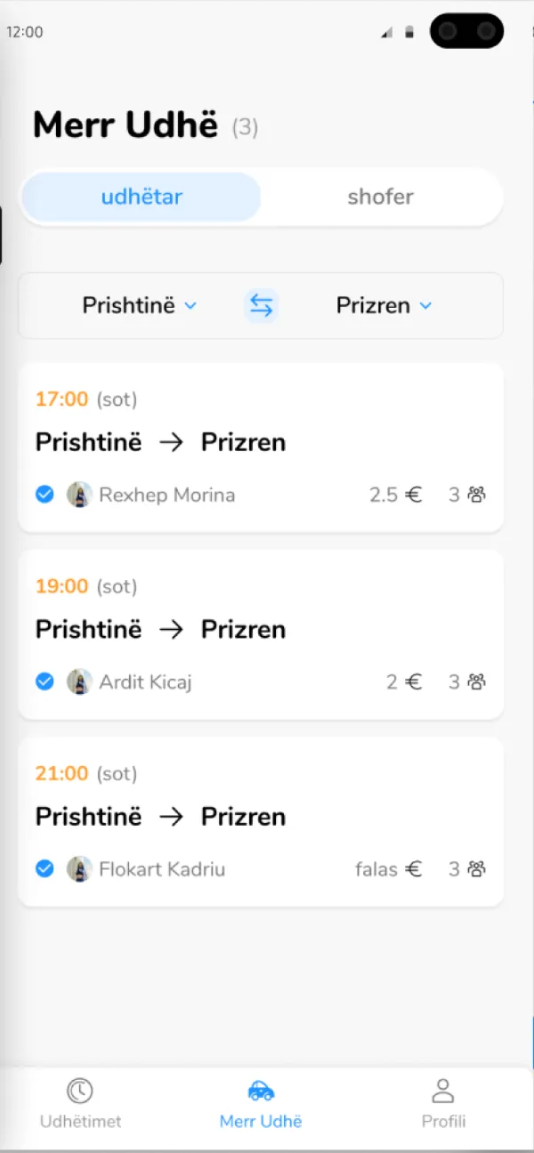 The list of rides from Prishtinë to Prizren in the app