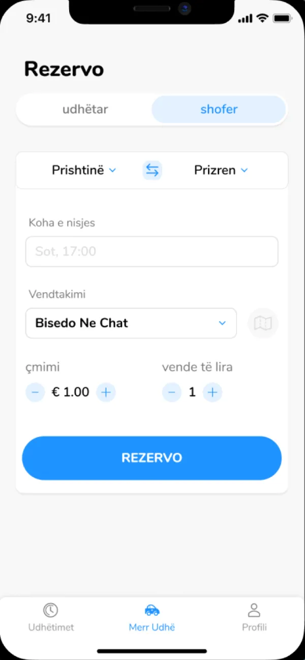 Publishing a ride: time, seats and price
